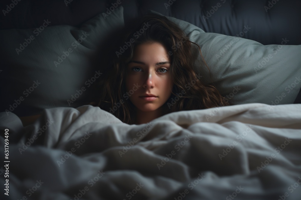 woman in her bedroom lying on her pillow with insomnia and signs of tiredness on her face woman in her bedroom lying on her pillow with insomnia and signs of tiredness on her face