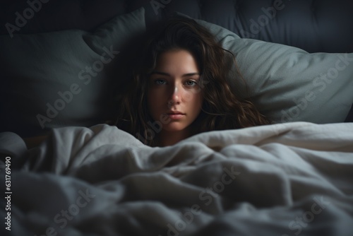 woman in her bedroom lying on her pillow with insomnia and signs of tiredness on her face