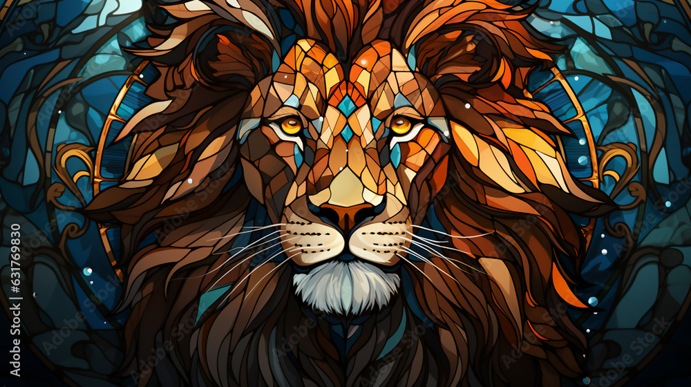 Illustration in stained glass style with a lion on a dark background. generative AI