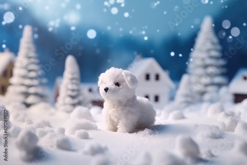 Pretty white fluffy dog on snowy winter background.