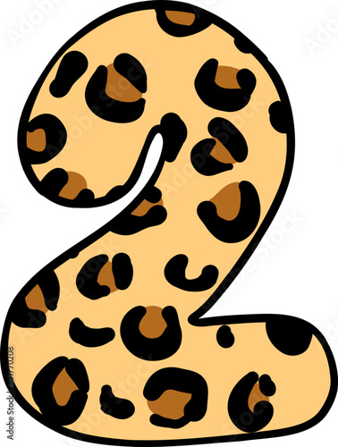 Cute Leopard Number Two Doodle for Kids. safari Hand Drawn Outline Illustration.