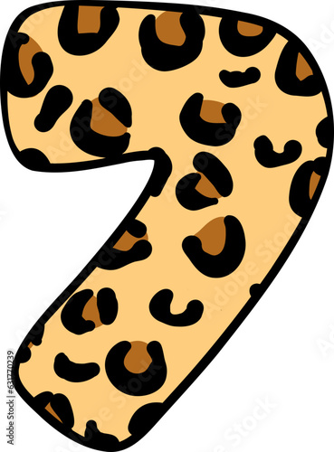 Cute Leopard Number Seven Doodle for Kids. safari Hand Drawn Outline Illustration.