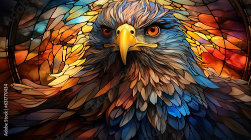 Illustration in stained glass style with a portrait of an eagle. generative AI © soysuwan123