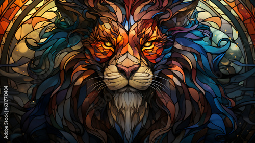 Lion head with abstract colorful pattern on the background. 3D rendering. generative AI