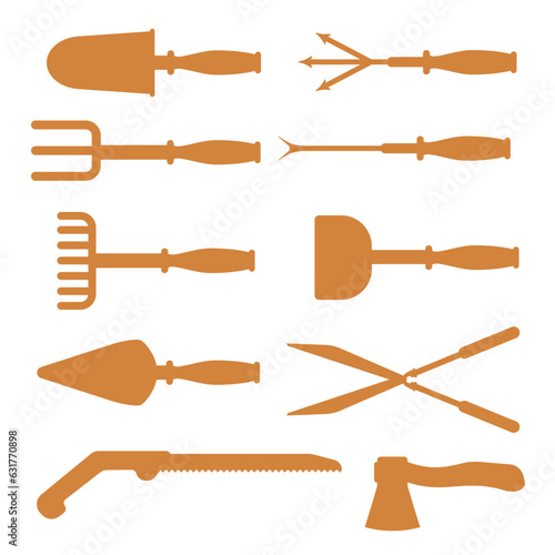  Black Silhouette of gardening tools garden work equipment isolated on white background