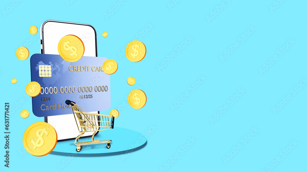Credit card. Digital banking. Mobile app payments. Internet shopping. Gold coins near trolley from supermarket. Credit card on blue. Credit card for shopping. Template for online store. 3d image Credit card. Digital banking. Mobile app payments. Internet shopping. Gold coins near trolley from supermarket. Credit card on blue. Credit card for shopping. Template for online store. 3d image