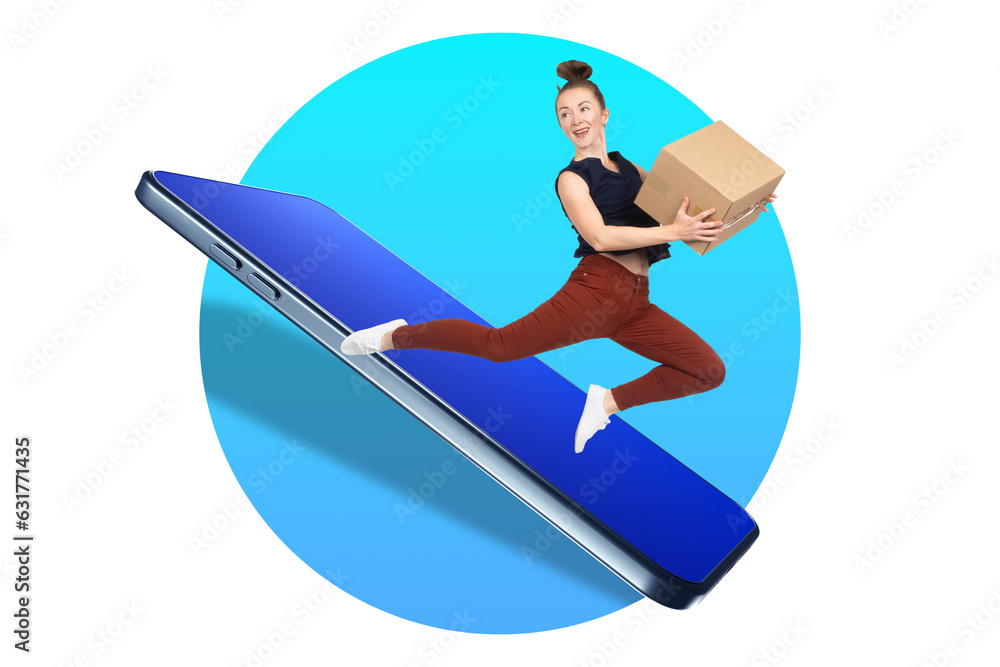 Woman with box. Giant phone. Delivery order concept. Girl with box jumps up. Joy of receiving order. Woman received goods ordered through application. Internet shopping. Order delivery via phone