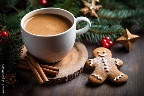 Fototapeta Naklejka Na Ścianę i Meble -  Cozy Christmas table scene with coffee mug, gingerbread and cinnamon, on wooden table.