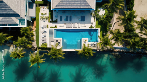 Fototapeta Naklejka Na Ścianę i Meble -  Top view of beach house with palm trees and pool