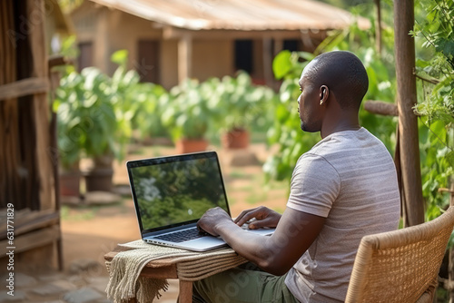  Young African farmer with a laptop, technology in the agriculture concept. photo