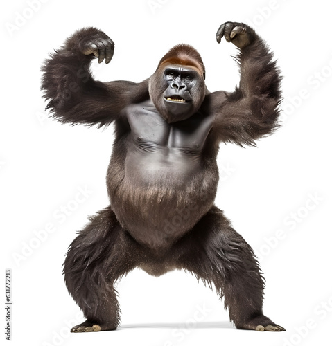 aggressive gorilla standing on isolated background photo