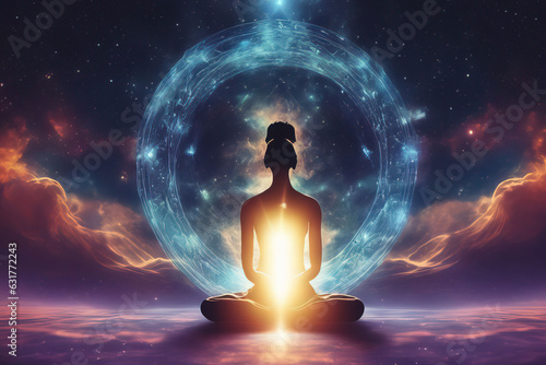 young woman meditating against starry sky background