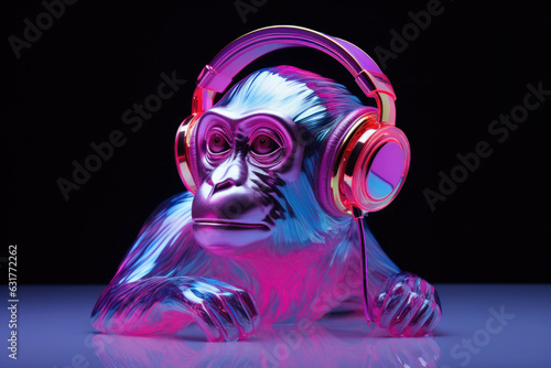 Little Monkey with headphones in holographic synthwave style photo