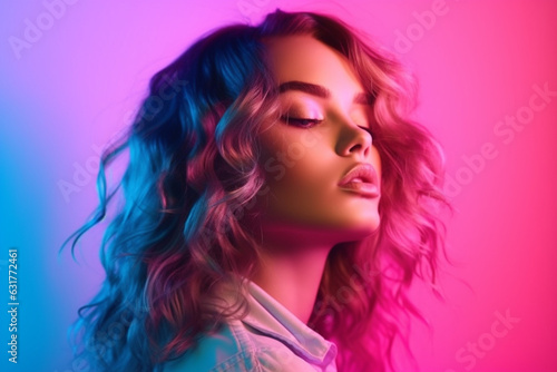 Portrait of young charming girl  student with wavy hair posing over pink studio background in neon light  Side view  Cheerful mood