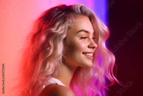 Portrait of young charming girl, student with wavy hair posing over pink studio background in neon light, Side view, Cheerful mood