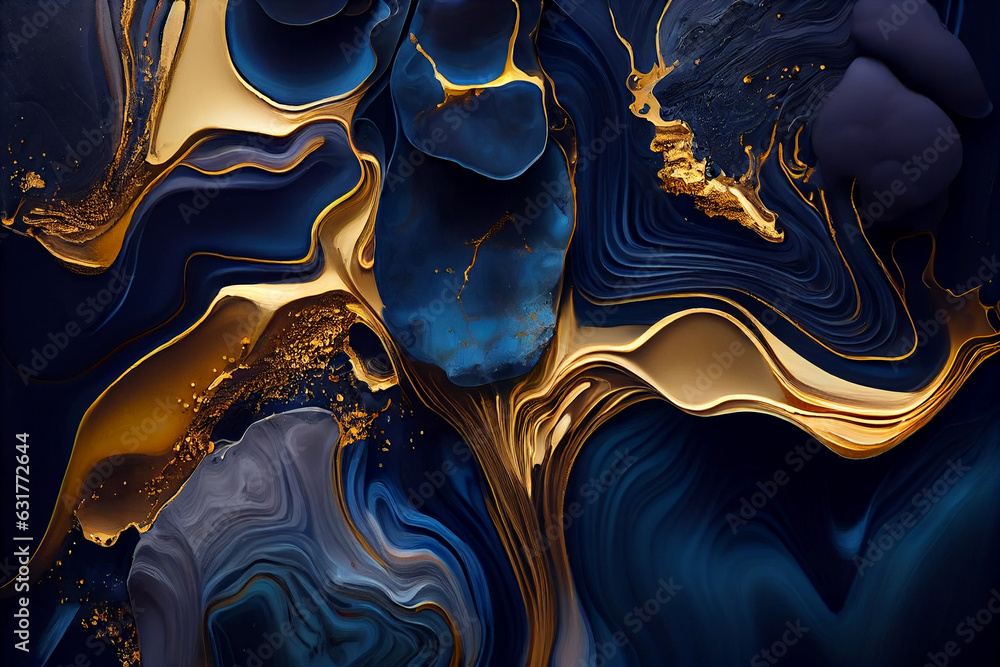 Luxurious modern 3d wallpaper. Abstract marble fluid art background. Blue and gold colors