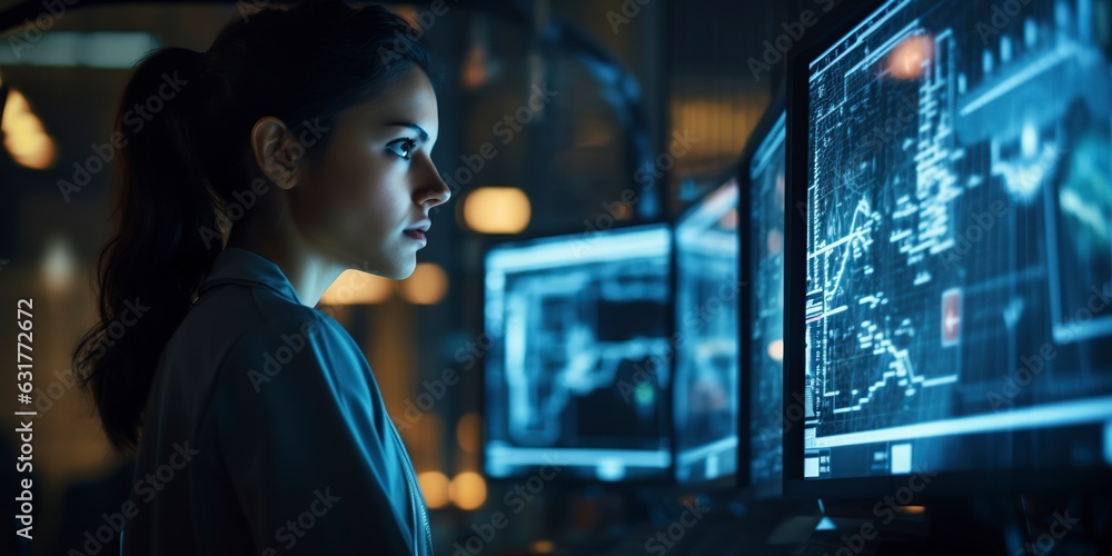 young caucasian female aerospace engineer monitoring the computer young caucasian female aerospace engineer monitoring the computer