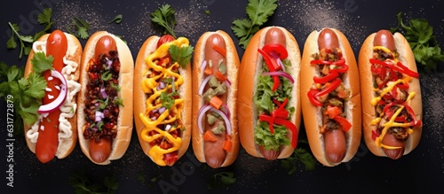 A variety of hot dogs are shown on a stone background, with vegetables, lettuce, and condiments. is taken from a top-down view, allowing for copy space. The composition is presented in a flat lay