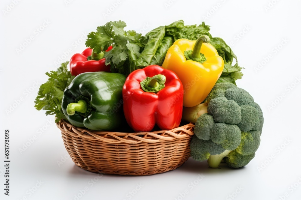 Basket of vegetables in hand of mature man, isolated on white background, studio lighting. Generative AI Basket of vegetables in hand of mature man, isolated on white background, studio lighting. Generative AI