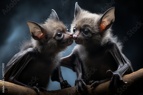 heartwarming shot of young bats playfully interacting with each other, showcasing their social behaviors Generative AI © forenna