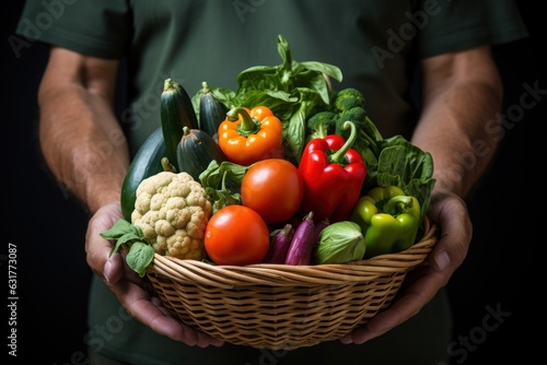 Basket of vegetables in hand of mature man  isolated on white background  studio lighting. Generative AI