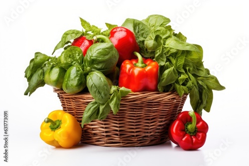 Basket of vegetables in hand of mature man, isolated on white background, studio lighting. Generative AI