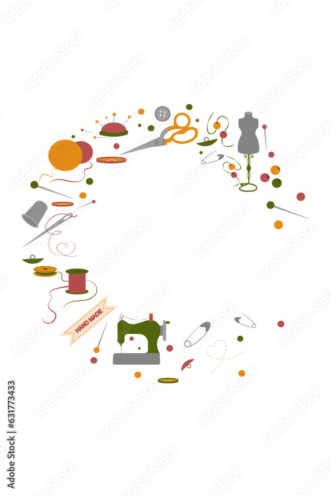 Set of sewing elements. Needle with thread. Handmade icons set sewing, needlework, knitting. Vector illustration. Frame from embrodery and sewing items. Set of sewing elements. Needle with thread. Handmade icons set sewing, needlework, knitting. Vector illustration. Frame from embrodery and sewing items.
