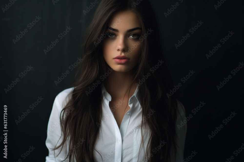 Pretty woman in white button up shirt, septum piercing and long dark hair, dark light photography