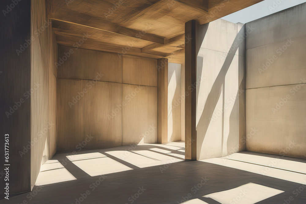 empty wooden floor in modern office building with concrete walls, sunlight and sunlight. 3 d rendering