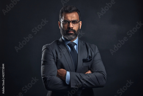 Proud confident bearded indian business man investor, rich ethnic ceo, corporate executive, professional lawyer banker, male office employee standing isolated on gray with arms crossed, Portrait