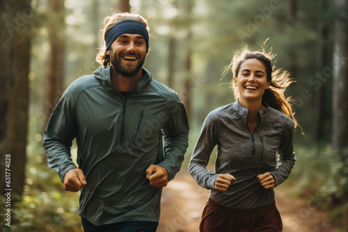 Young Couple Embraces the Outdoors, Running Happily Amidst the Trees