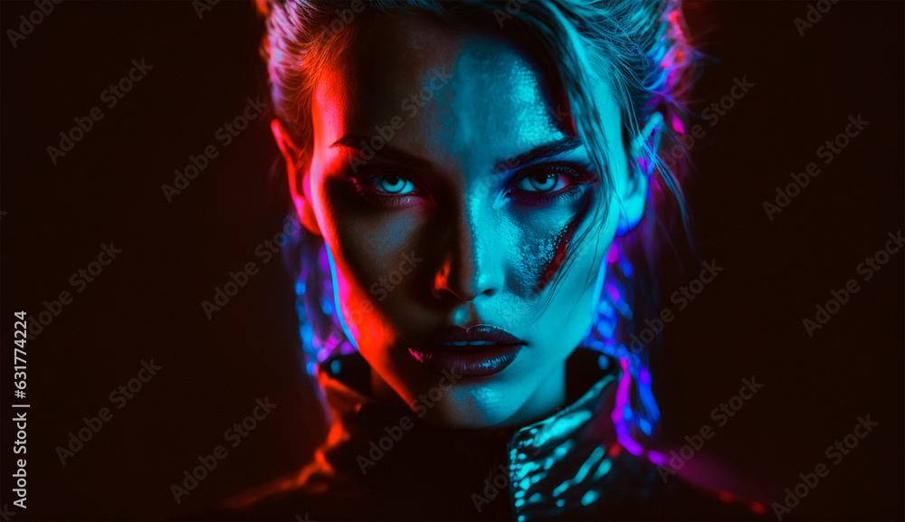 Blurred portrait of woman with neon colored face posing over dark background in blue and pink neon lights Concept of art modern style  cyberpunk  futurism realistic photography and creativity