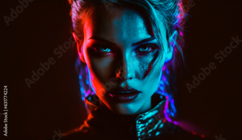 Blurred portrait of woman with neon colored face posing over dark background in blue and pink neon lights Concept of art modern style  cyberpunk  futurism realistic photography and creativity