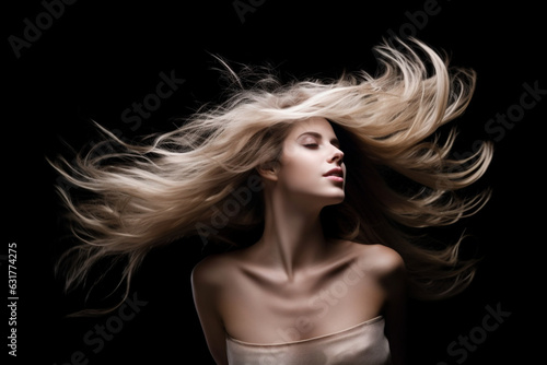 Sensual portrait of a beautiful blonde woman with hair moving in the air, isolated on black studio background, dark light photography