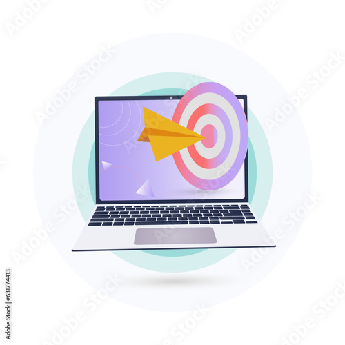 Open laptop and the concept of hitting the target, targeting, advertising, target audience