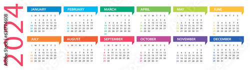 2024 year calendar - vector Illustration. Week starts on Sunday