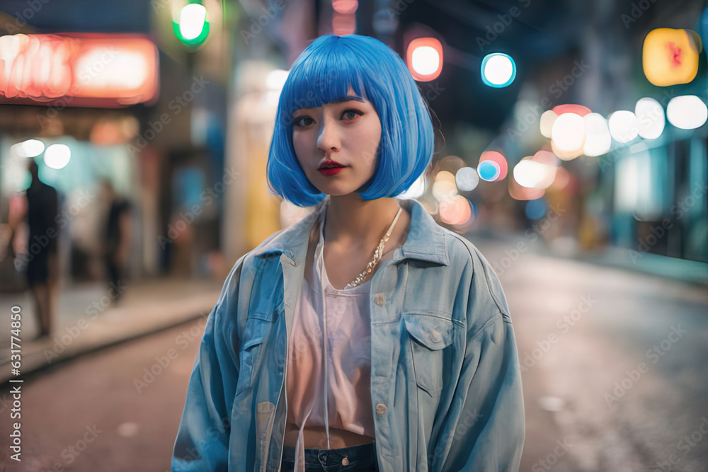 beautiful asian woman in blue jacket with red lips and short hair in a blue night