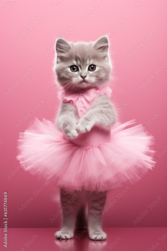 Cute little kitty dressed in a tulle skirt like a ballerina. Gentle pastel shades of pink. Concept of trendy anthropomorphism. Generative AI.