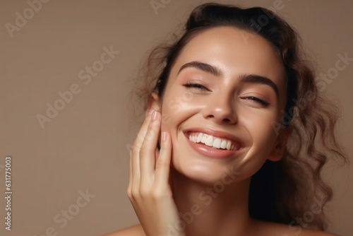 Smiling Woman Touching Face, Waist up Portrait of Attractive Woman Touching her Skin and Smiling, Woman Appearance and skin Care Concept