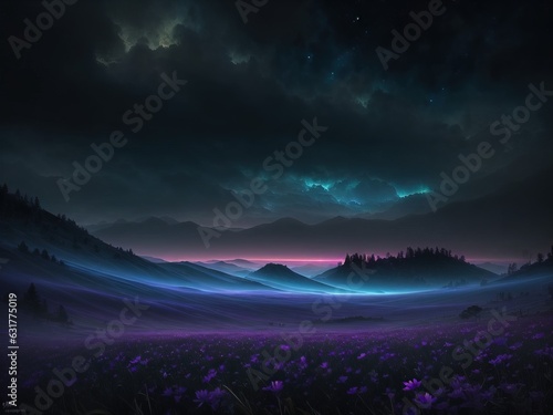 night landscape with mountains and forest