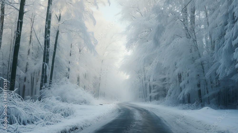 Naklejka premium View of forest road in winter Generative AI