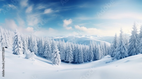 Panoramic Nature Winter background with snowy pine tree Generative AI