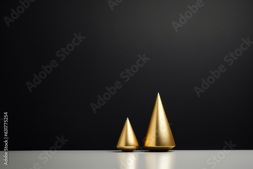 Christmas and New Year holiday background. Xmas greeting card. Golden Christmas decoration on a black background. Noel. Generative AI.