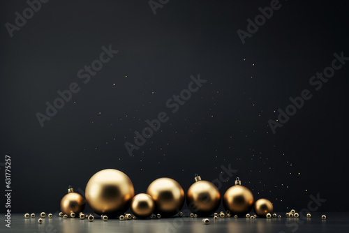 Christmas and New Year holiday background. Xmas greeting card. Golden Christmas decoration on a black background. Noel. Generative AI. © lagano