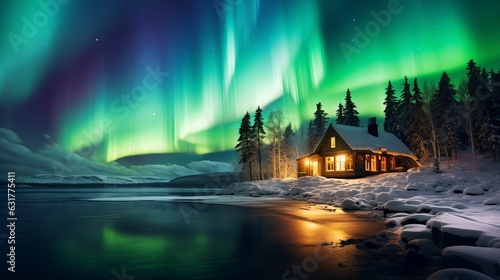 Cottage against the night sky with the Milky Way and the arctic Northern lights Aurora Borealis in snow winter Finland Generative AI
