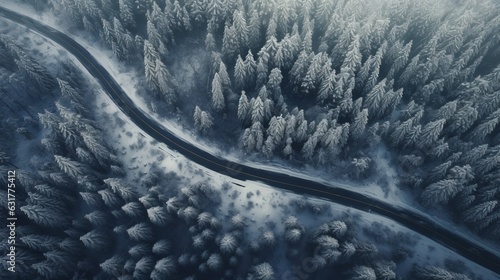 Curvy windy road in snow covered forest, top down aerial view Generative AI © Suleyman