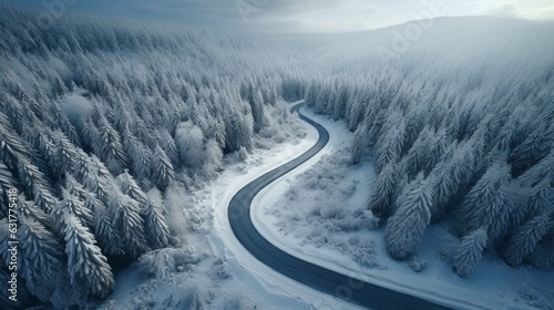 Curvy windy road in snow covered forest, top down aerial view Generative AI