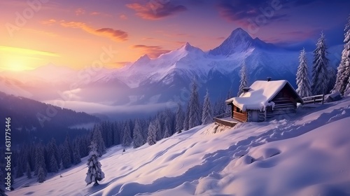 Fantastic winter landscape with wooden house in snowy mountains. Hight mountain peaks in foggy sunset sky. Christmas and winter vacations Generative AI photo