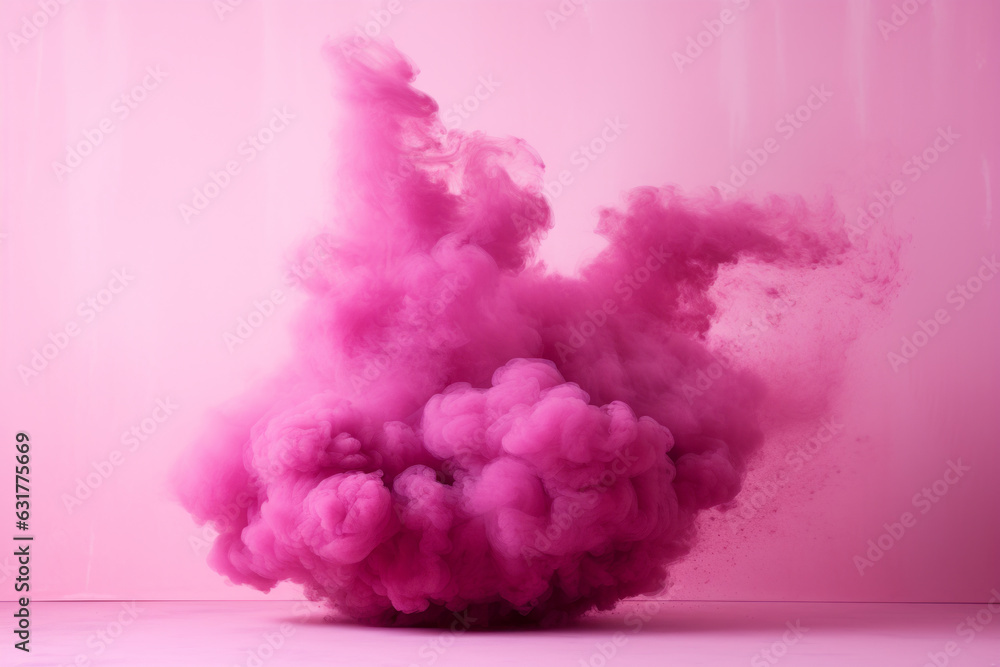 Pink powder explosion on a pink and magenta background, pink flecks of dust. Generative AI.