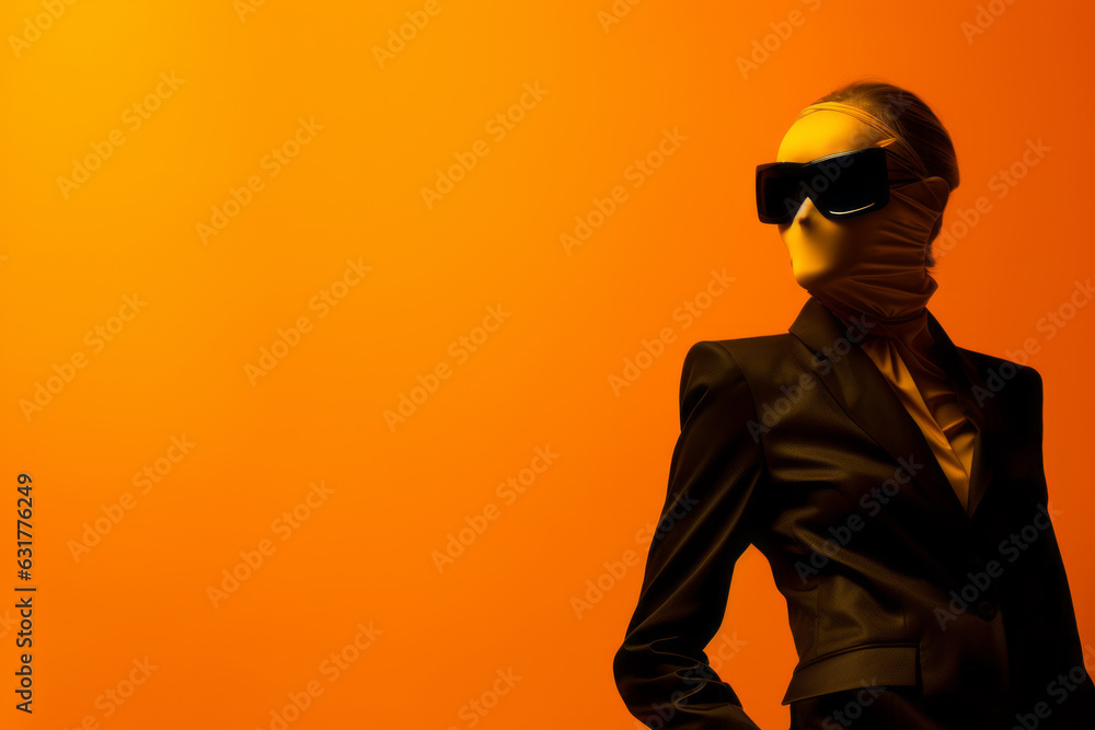 Business woman with mask and dark glasses. Faceless. Generative AI. Business woman with mask and dark glasses. Faceless. Generative AI.